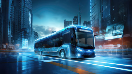 Bus on the road with high speed motion blur and modern city backgroundの素材
