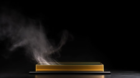 Gold pedestal podium with smoke on a black backgroundの素材