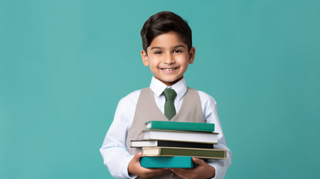 smiling little boy with pile of books in hands on green backgroundの素材