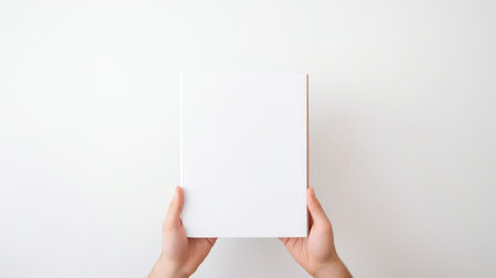 Female hands holding a book on a white background. Top view.の素材