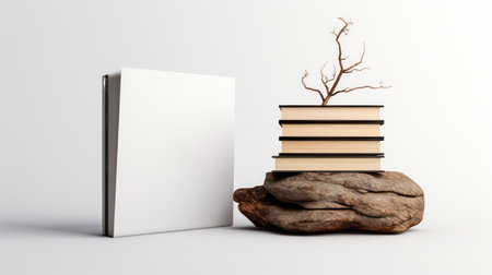 Stack of books and a tree on a rock on white backgroundの素材