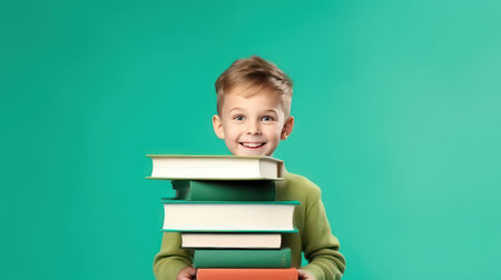 smiling little boy with pile of books in hands on green backgroundの素材