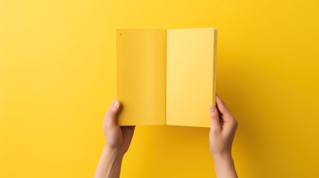 Hands holding blank paper on yellow background, top viewの素材