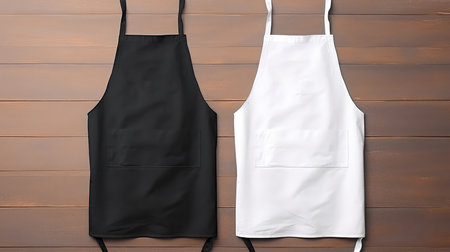 Black and white apron mockup on dark background. Fashionable concept.の素材
