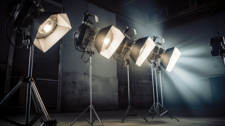 Photo studio with lighting equipment on a dark background.の素材