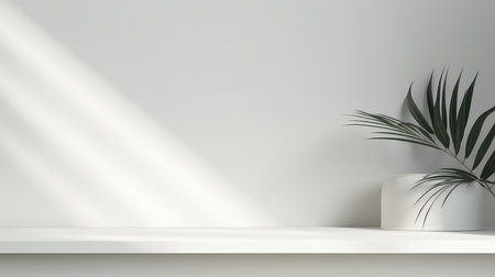 3d render of white shelf with palm leaf on white wall backgroundの素材