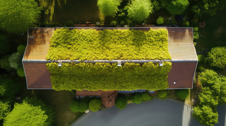 3D rendering of a modern house with a garden view from aboveの素材