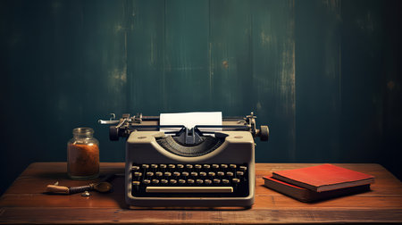 Vintage typewriter on a wooden table with a book and penの素材
