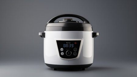 Modern electric multi-cooker on gray background.の素材