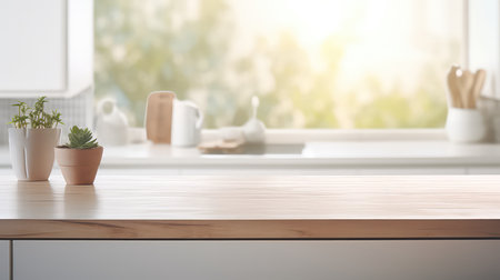 Close up of wooden table in modern kitchen interior. Mock-up,の素材