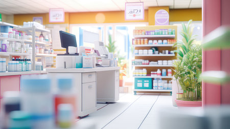 supermarket shelves with medicine bottles, drugstore blur background, drugstore conceptの素材