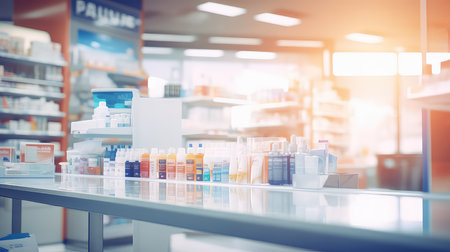 supermarket shelves with medicine bottles, drugstore blur background, drugstore conceptの素材
