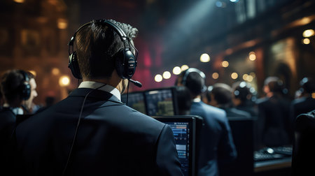 Team of call center operators working in a nightの素材
