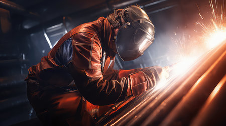 Industrial worker with protective mask welding metal at factory. Metalwork and industrial construction concept.の素材