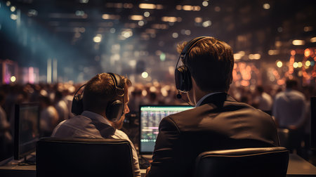 Team of call center operators working in a nightの素材