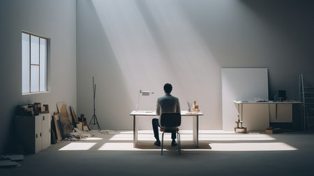 Young businessman sitting at the desk in modern office and using laptopの素材