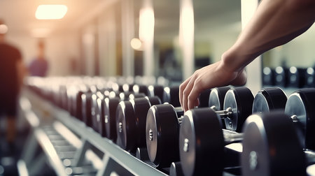 Close up shot of a man lifting dumbbells in a gymの素材