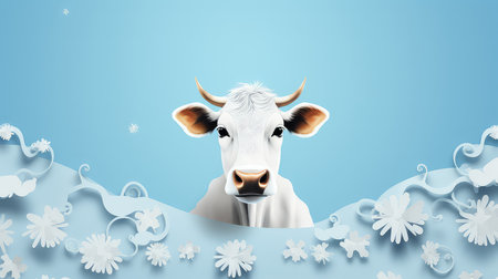Cute funny cow looking out of paper hole on blue backgroundの素材