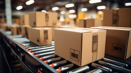 Cardboard boxes on conveyor belt in warehouse,の素材