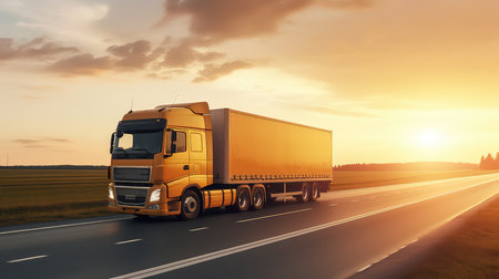 Truck on the road at sunset, transportation and logistics concept.の素材