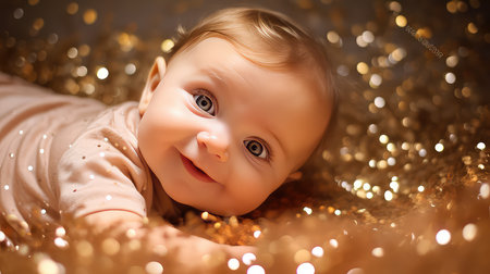 Cute baby girl lying on golden background with bokeh lightsの素材