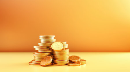 golden coins with copy space on the white table and yellow backgroundの素材