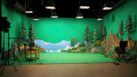 Interior of a modern studio with lighting equipment and green screenの素材