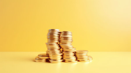 golden coins with copy space on the white table and yellow backgroundの素材