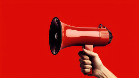 Female hand holding a megaphone on a red background with copy spaceの素材