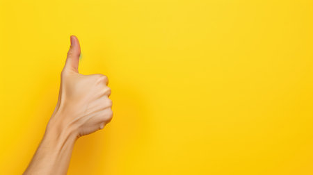 closeup hands showing thumbs up on a yellow background with copy spaceの素材