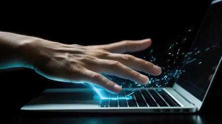 Close up of human hand typing on laptop keyboardの素材