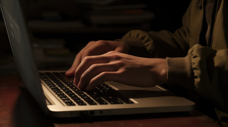 closeup of man hands using laptop on dark backgroundの素材
