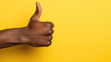 closeup hands showing thumbs up on a yellow background with copy spaceの素材