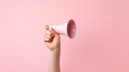 Female hand holding a white megaphone on a pink background.の素材