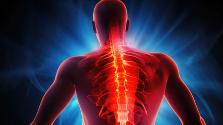 spine of man with back pain against dark backgroundの素材