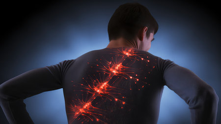 spine of man with back pain against dark backgroundの素材