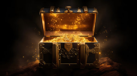 Treasure chest with golden light and dark background.の素材