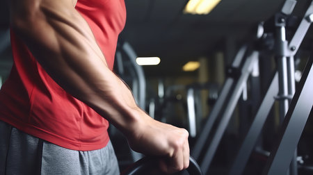 Muscular man working out in the gym. Close-up of a male body.の素材