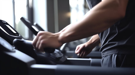 Muscular man working out in the gym. Close-up of a male body.の素材