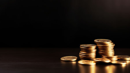 Golden coins with dark background, business and finance concept idea.の素材