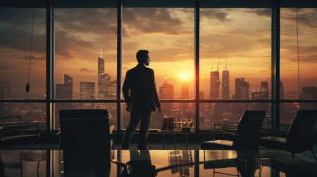 Silhouette of a businessman standing in a modern office with a city viewの素材