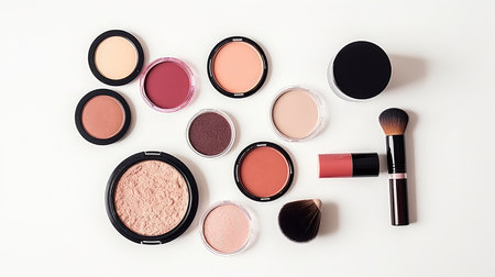 collection of make up and cosmetic beauty products arranged on white background.の素材