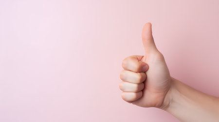 Hand of business man showing thumbs up on pink background with copy spaceの素材