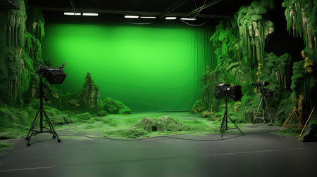 Interior of a modern studio with lighting equipment and green screenの素材