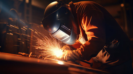Industrial worker with protective mask welding metal at factory. Metalwork and industrial construction concept.の素材