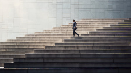 Businessman walking up the stairs of an office building. Business conceptの素材
