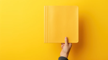 Hands holding blank paper on yellow background, top viewの素材