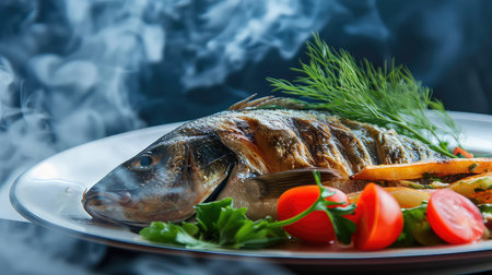 Grilled fish with vegetables and herbs on a plate on a dark backgroundの素材