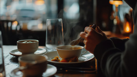 Man drinking coffee in cafe. Close-up of male hands holding a cup of coffee.の素材