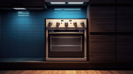 Digital composite of stove in dark room with blue wall and wooden floorの素材